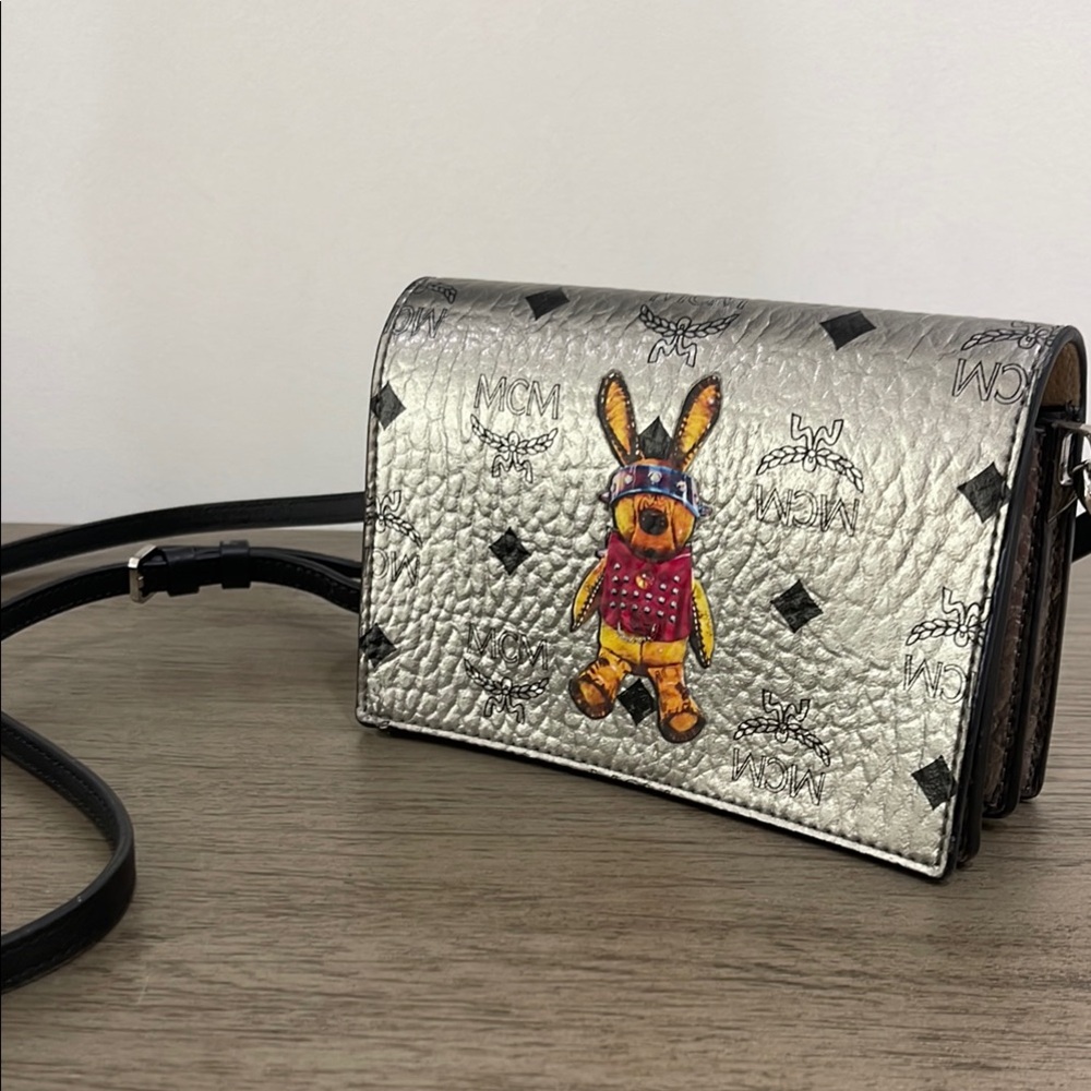 MCM EUC Visetos Mini Rabbit Silver Crossbody Bag